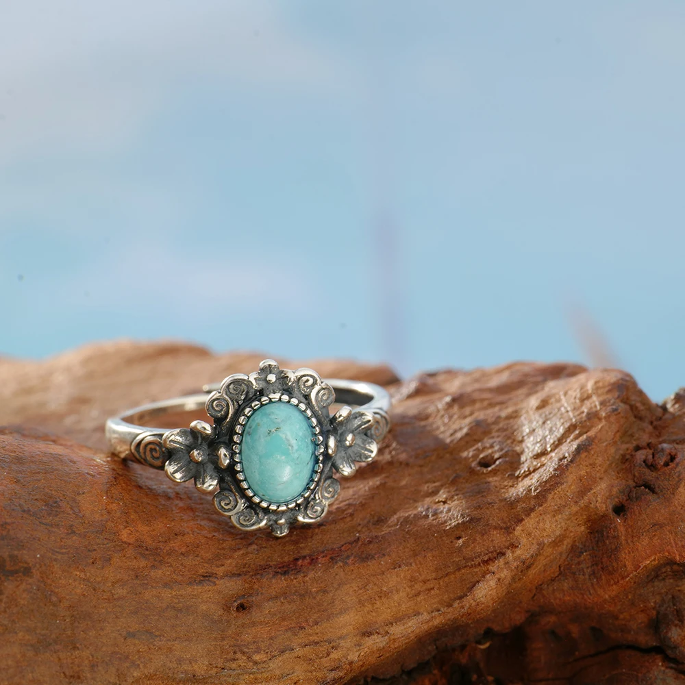 Birthstone Ring Set - แหวนเงินแท้ 925 วินเทจ ประดับด้วยเทอร์ควอยซ์ธรรมชาติ ปรับขนาดได้ ดีไซน์ลายดอกไม้โบราณ