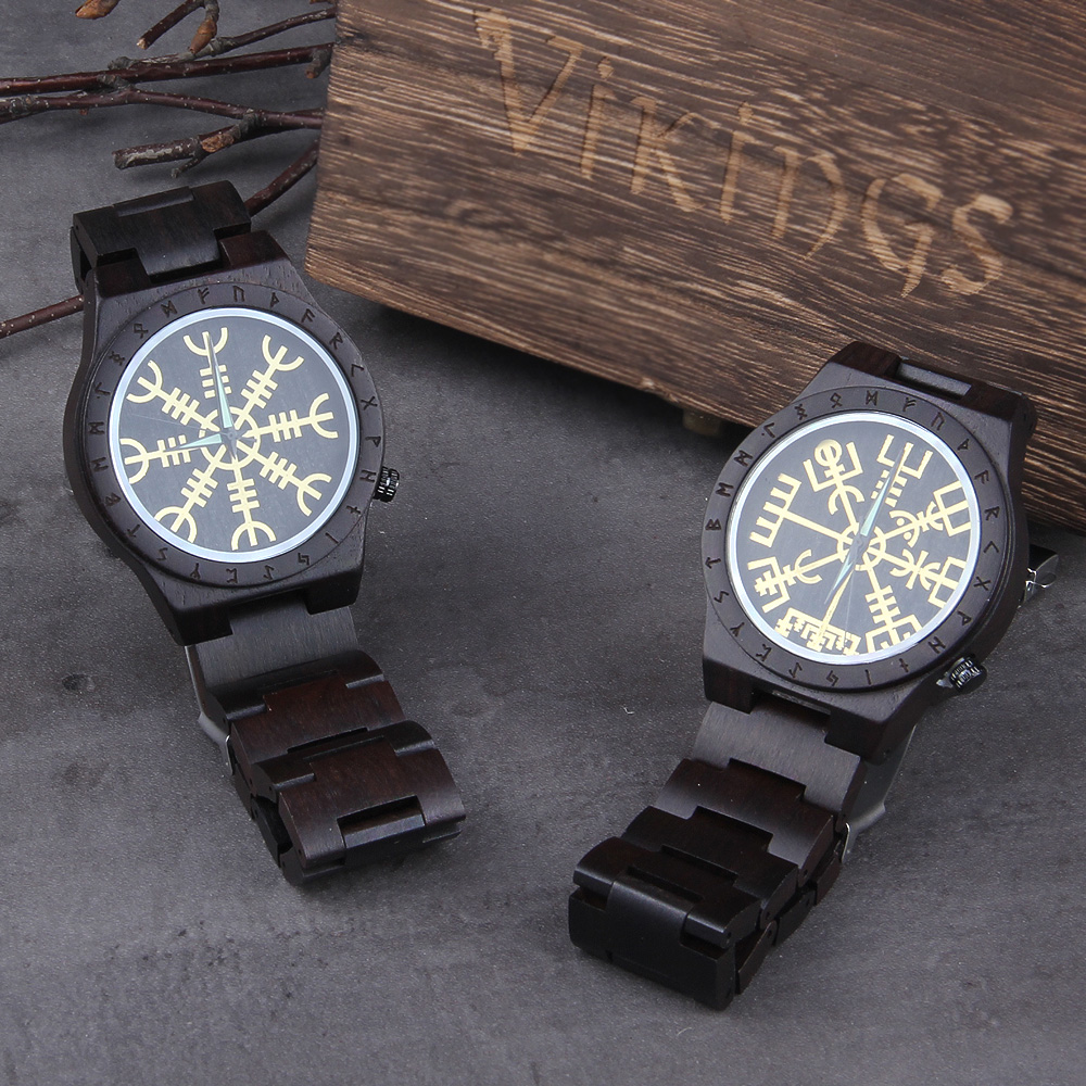 Jewelry Watches Men - Handmade ไม้นาฬิกาผู้ชายผู้หญิง Runic วงกลมนาฬิกา Golden Helm