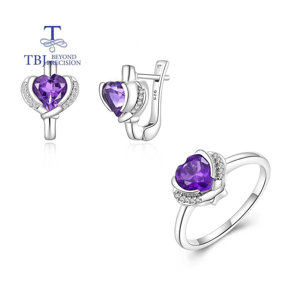 Birthstone Ring Set - ชุดแหวนและต่างหูเงินดีไซน์ทันสมัยสำหรับผู้หญิงและเด็กผู้หญิง ประดับด้วยพลอยอะมีทิสต์ธรรมชาติ ประจำเดือนกุมภาพันธ์ ของขวัญเครื่องประดับชั้นดีสำหรับงานวันเกิด