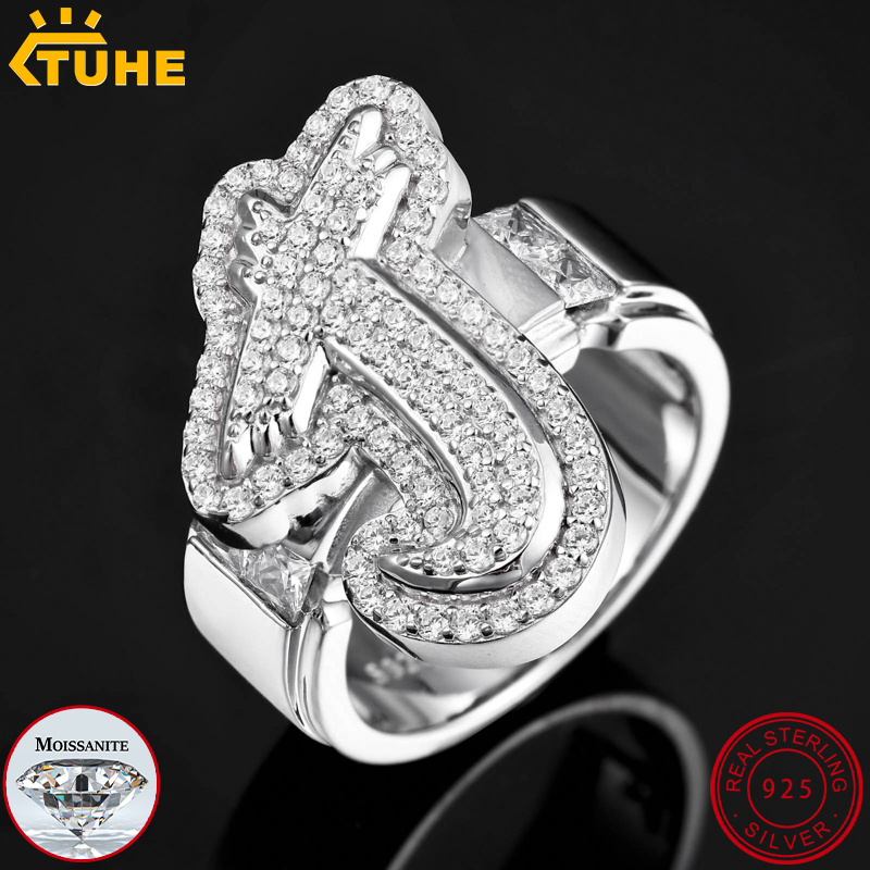 Moissanite Ring - แหวนตัวอักษร TUHE ประดับเพชรโมอิสซาไนต์แบบกำหนดเอง เงินแท้ 925 แหวนอักษรย่อสุดหรูสำหรับผู้ชาย