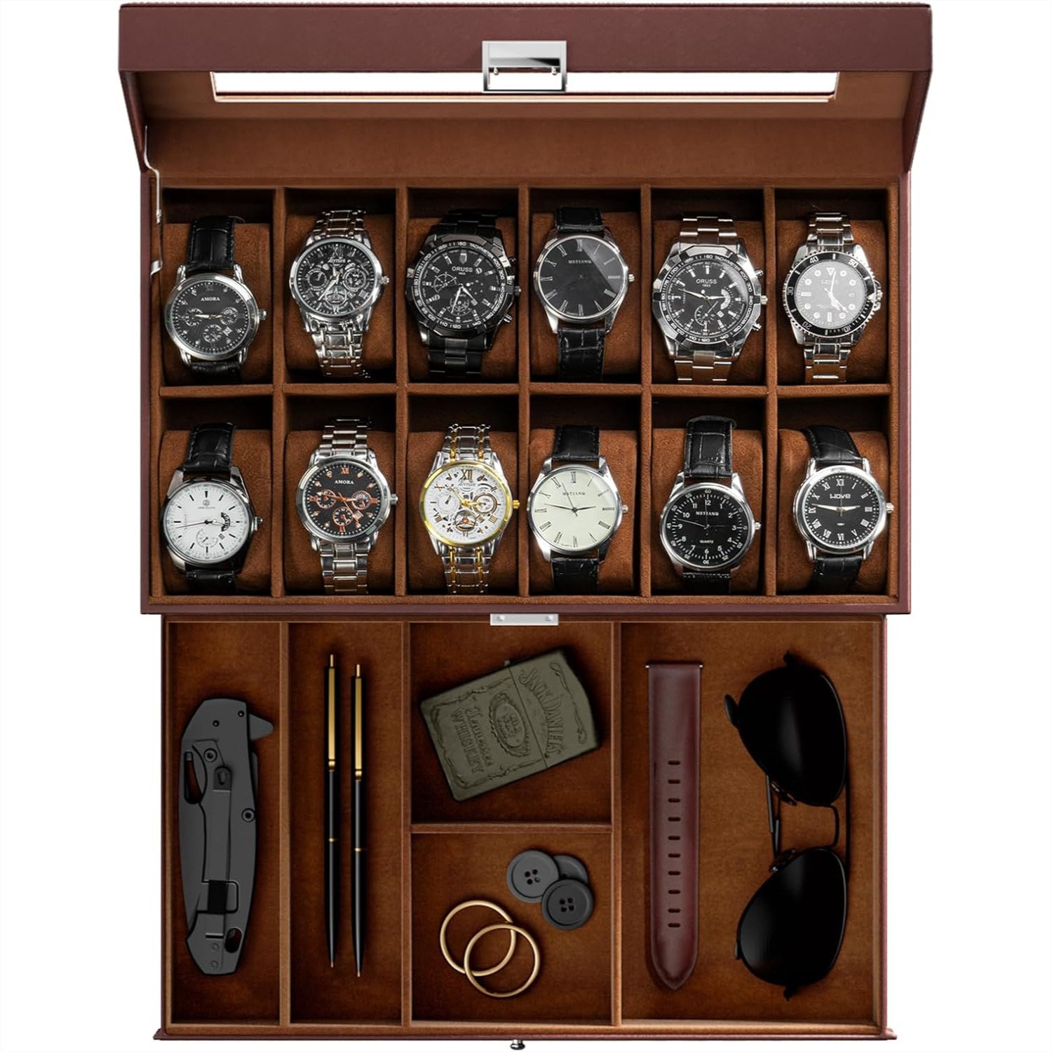 Watch Display Box - กล่องใส่นาฬิกา 12 ช่องพร้อมลิ้นชัก กล่องโชว์ 2 ชั้นพร้อมฝาแก้วสำหรับผู้ชาย