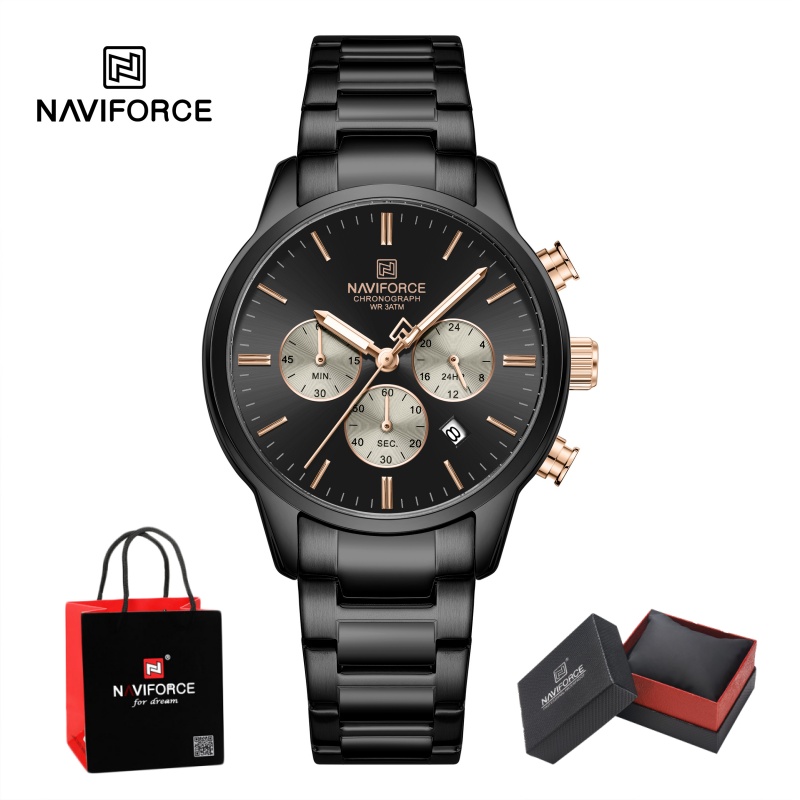 Watch Display Box - นาฬิกาข้อมือผู้ชาย NAVIFORCE ระบบควอตซ์โครโนกราฟ กันน้ำ แสดงวันที่ สายเหล็ก