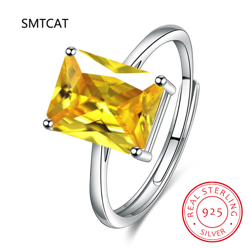 Birthstone Ring Set - แหวนเงินแท้ 925 ประดับพลอยซิทรินทรงเหลี่ยมมรกตธรรมชาติ สำหรับผู้หญิง แฟชั่นรูปทรงเรขาคณิต พลอยสีเหลือง