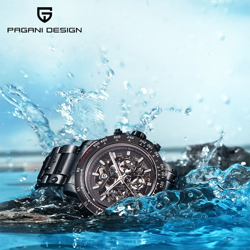 Watch Display Box - PAGANI DESIGN นาฬิกากลไกอัตโนมัติส่องสว่างสแตนเลสอเนกประสงค์แสดงวันที่กีฬาผู้ชายนาฬิกาดําน้ํา + กล่องของขวัญ