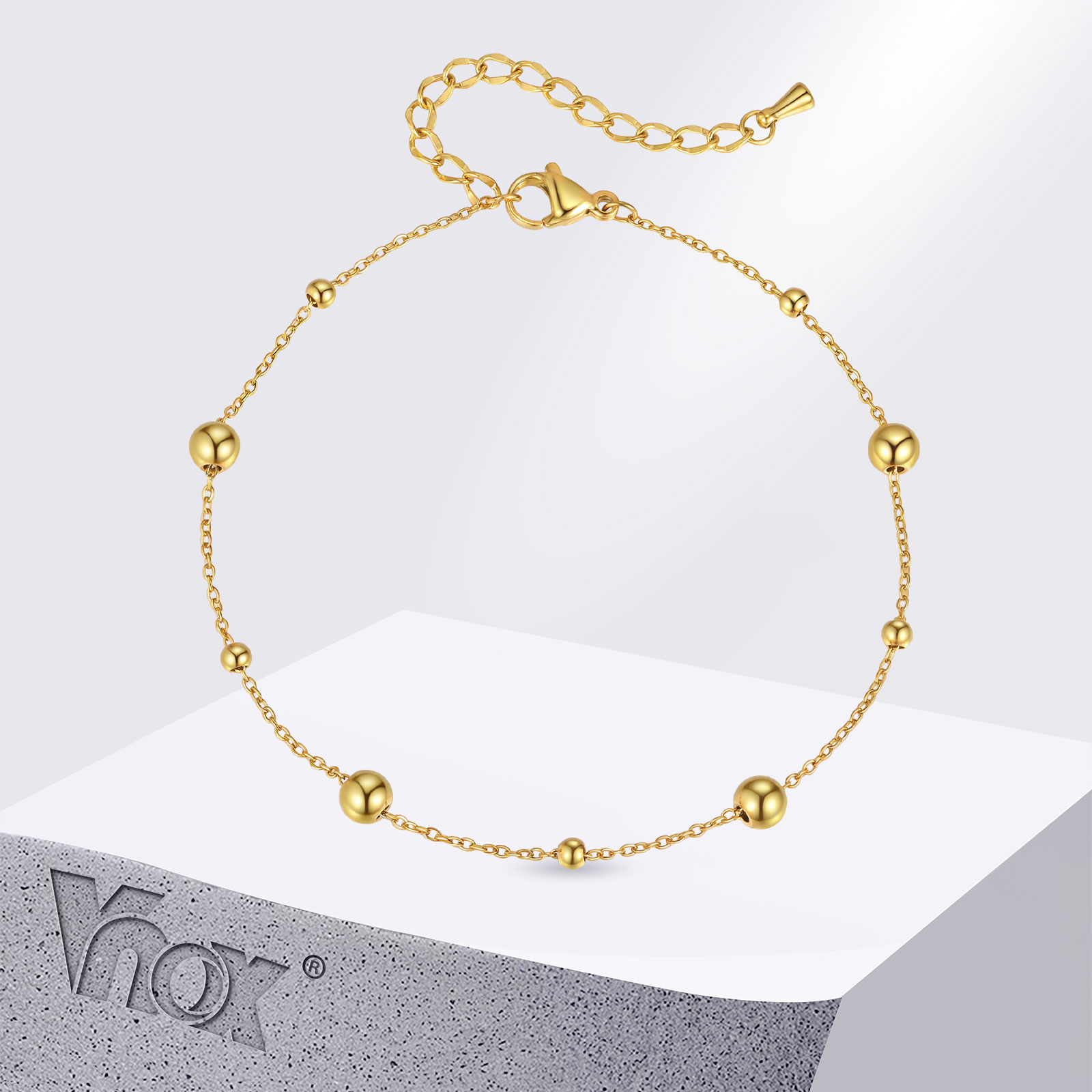 Jc Jewelry & Watches - กำไลข้อเท้าลูกปัดสแตนเลส Vnox สีทองเรียบง่าย ขนาด 21-26 ซม.