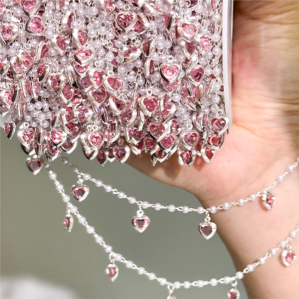 Crystal Choker Necklace - โซ่ทองเหลืองรูปหัวใจคริสตัลสีชมพูขนาด 0.5 เมตร/1 เมตร สำหรับทำเครื่องประดับ ขนาด