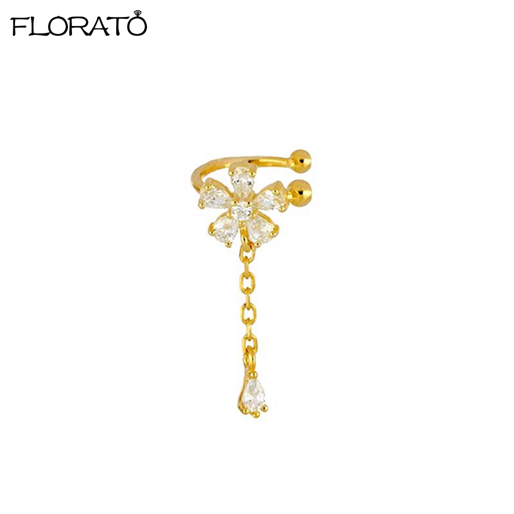 Ear Cuff No Piercing - 1ชิ้นต่างหูทอง18K ต่างหูแบบคลิปสำหรับผู้หญิงน่ารักรูปดอกไม้กำไลข้อมือทองเงินห่วงโซ่ต่างหูโดยไม่ต้องเจาะ