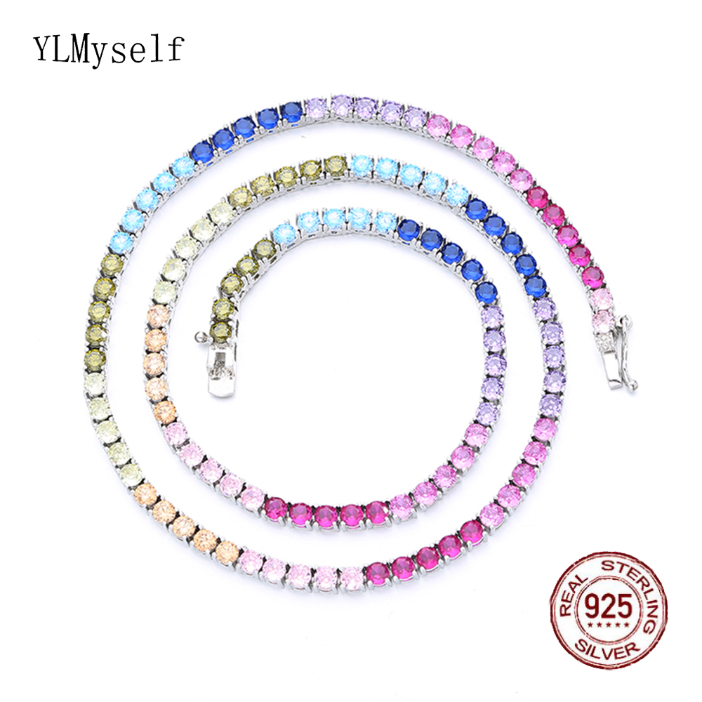 Crystal Choker Necklace - 16-24นิ้ว100% รับประกันแท้925เงินสร้อยคอสร้อยคอเทนนิสการตั้งค่า Pave 3Mm Sparkly Rainbow