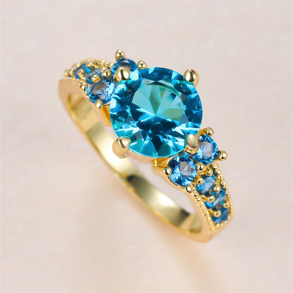 Birthstone Ring Set - Aqua Blue คริสตัลรอบหินหมั้นแหวนผู้หญิง Vintage Gold สีงานแต่งงาน