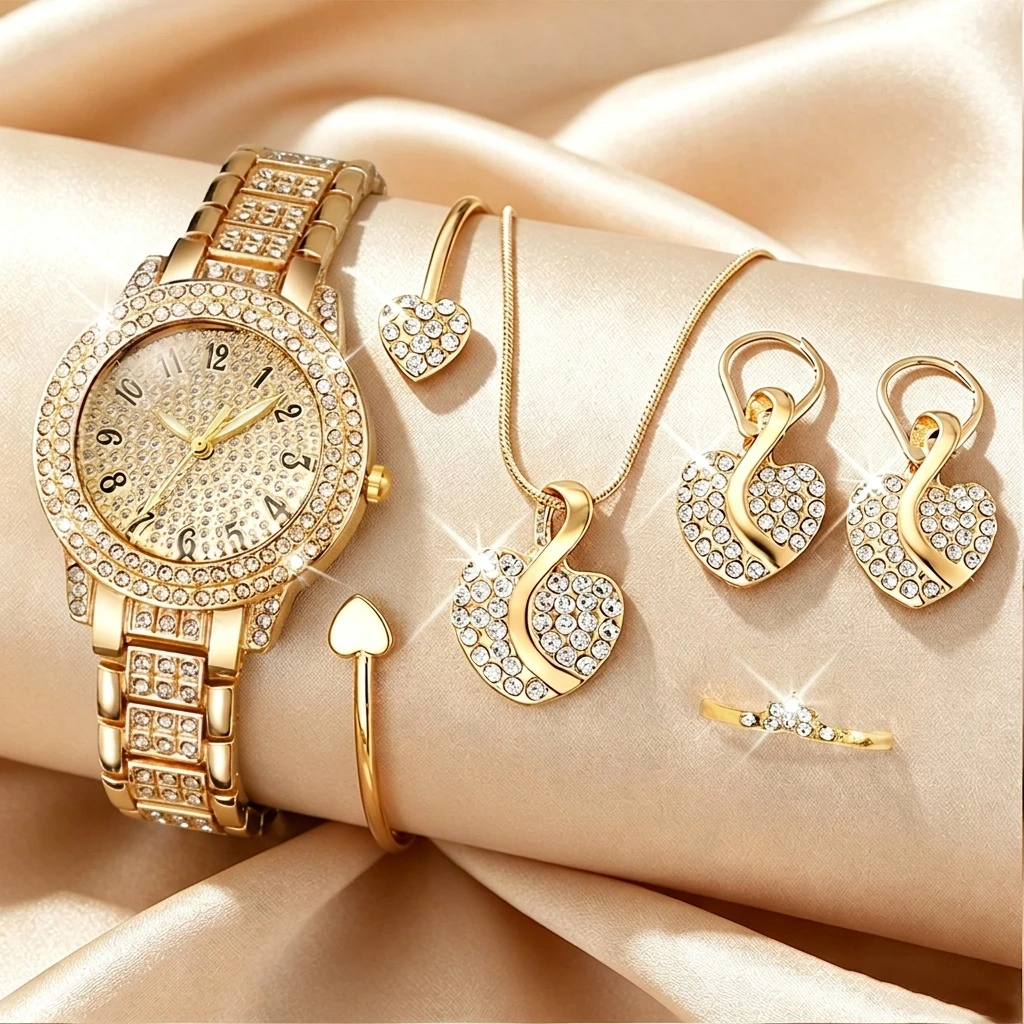 Jewelry Watch Making - นาฬิกาข้อมือแฟชั่นผู้หญิงประดับเพชร 6 ชิ้น ชุดเครื่องประดับรูปหัวใจ สายรัดข้อมือหรูหรา นาฬิกาควอตซ์สำหรับสุภาพสตรี