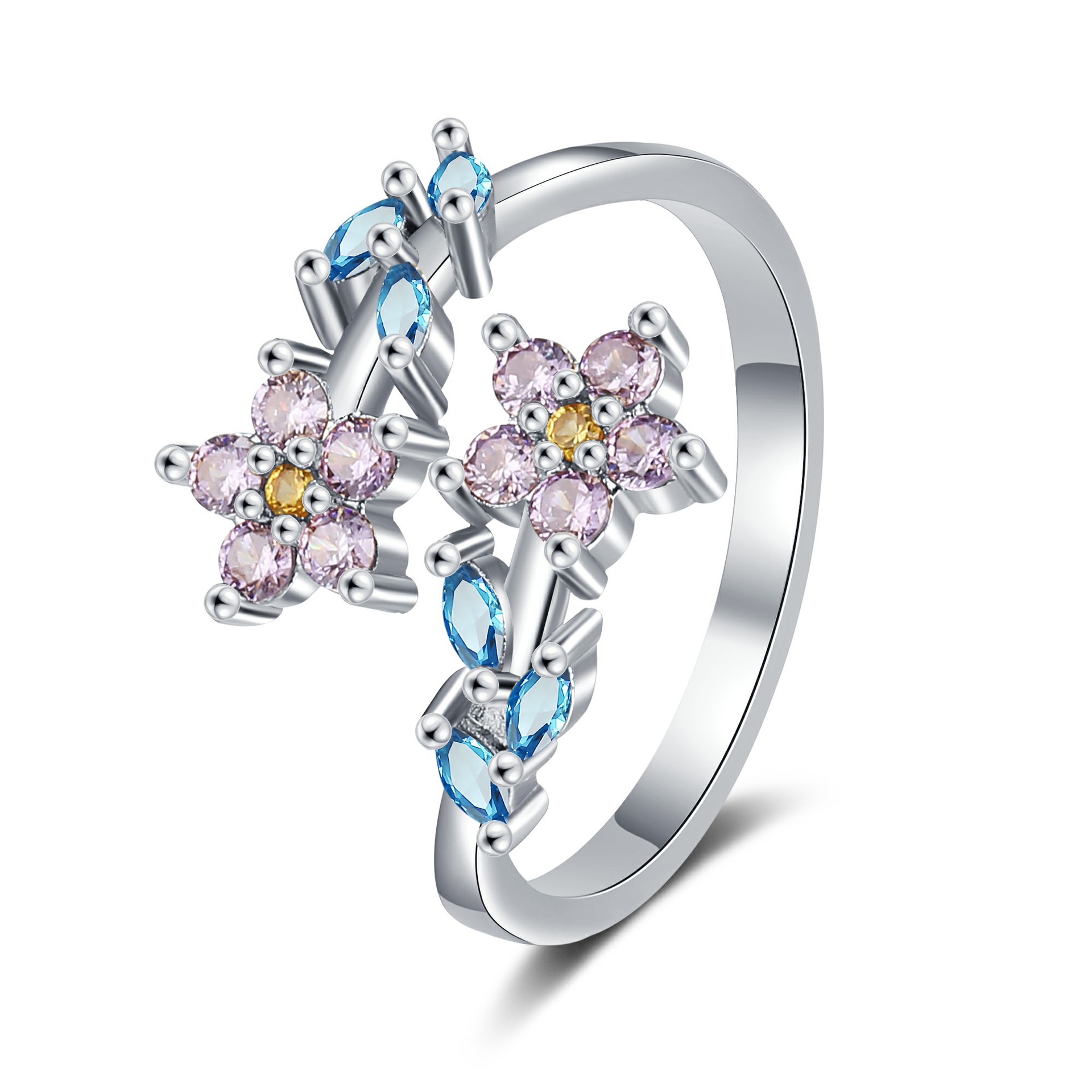 Statement Cocktail Ring - แหวนเพชรรูปใบไม้สีเงินแท้925แฟชั่นของผู้หญิงประดับเพทายแบบเปิดแหวนใส่นิ้วสุดสร้างสรรค์