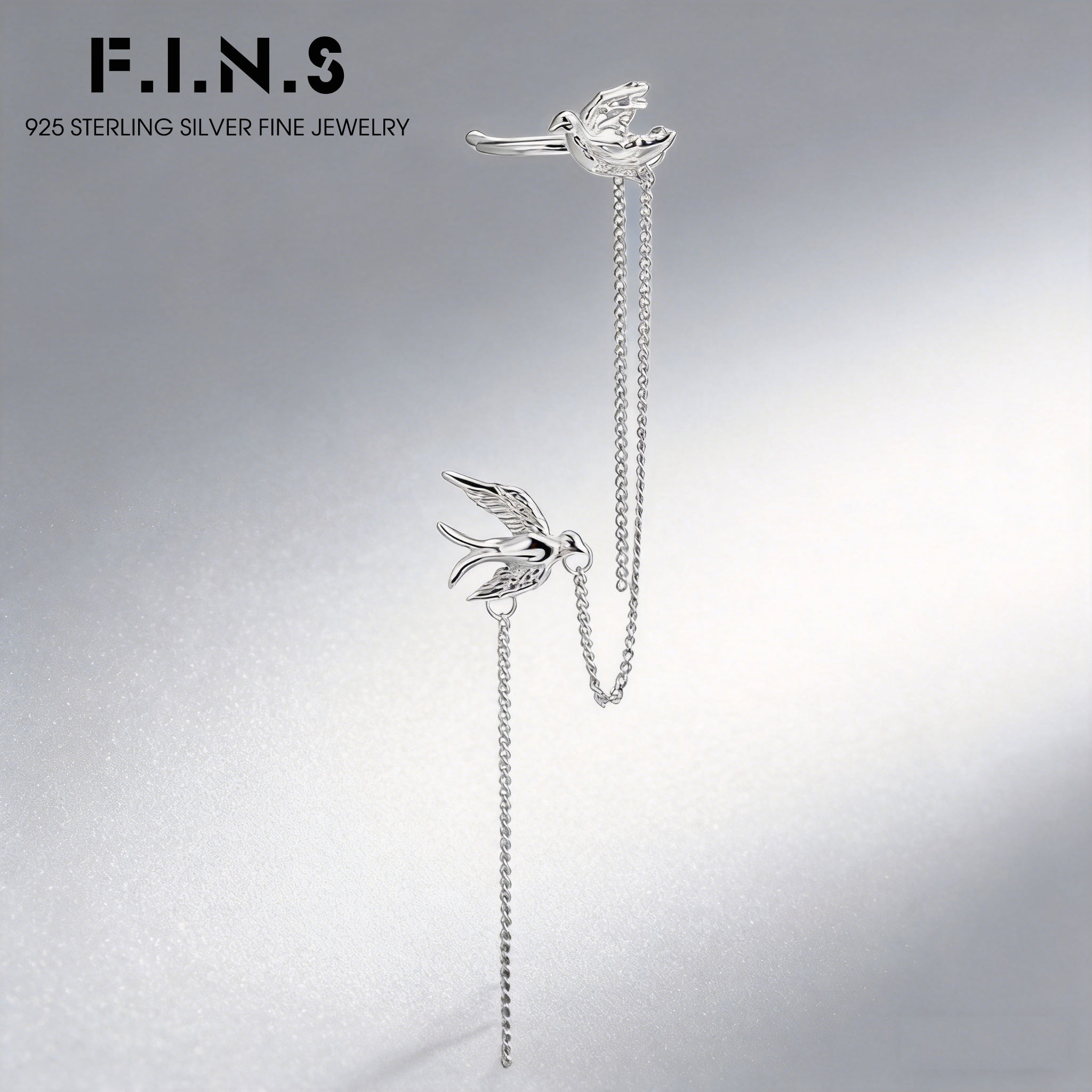 Ear Cuff No Piercing - ต่างหูแบบหนีบรูปนก F.I.N.S เงินแท้ S925 ประดับพู่ห้อย สไตล์มินิมอล