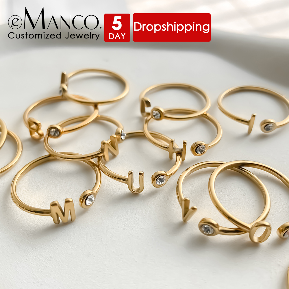Birthstone Ring Set - EMANCO แหวนปลายเปิดแบบสั่งทำพิเศษ แหวนประดับอักษรย่อพร้อมพลอยประจำเดือนเกิดหลากสี ทำจากสแตนเลสชุบทอง เครื่องประดับของขวัญสำหรับวันหยุด