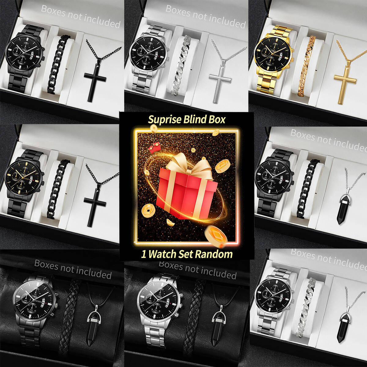 Jewelry Watch Making - นาฬิกาข้อมือเซอร์ไพรส์แบบสุ่ม-ชุด 3 ชิ้น/ชุด นาฬิกาควอตซ์แฟชั่นผู้ชายพร้อมปฏิทิน ชุดเครื่องประดับ Reloj
