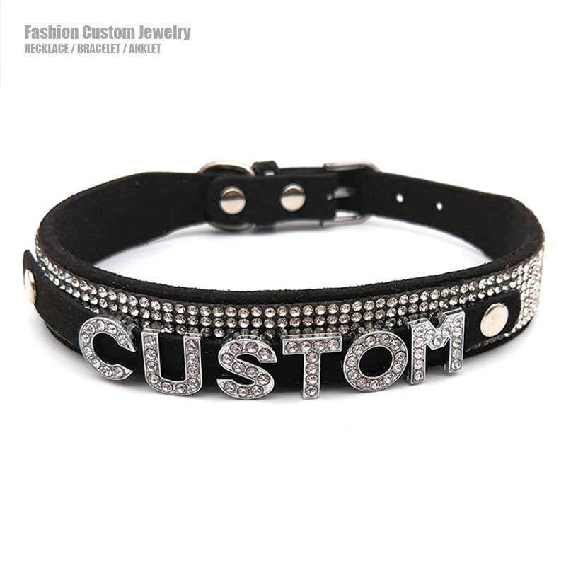 Crystal Choker Necklace - เงาRhinestoneตัวอักษรที่กําหนดเองคอChokerสร้อยคอผู้หญิงผู้ชายเซ็กซี่สีดําหนังนุ่มที่กําหนดเองชื่อคอสเพลย์ปาร์ตี้เครื่องประดับ