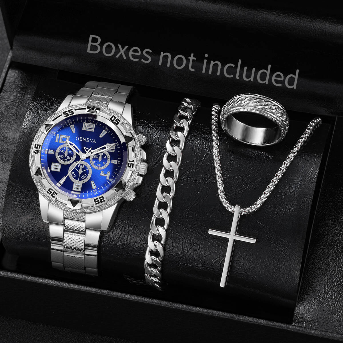 Jewelry Watch Making - 4 ชิ้น/เซ็ตแฟชั่นผู้ชายนาฬิกาธุรกิจหรูหราหน้าปัดใหญ่นาฬิกาควอตซ์สำหรับผู้ชายนาฬิกาชุดเครื่องประดับเรโลจ ฮอมเบอร์(ไม่มีกล่อง)