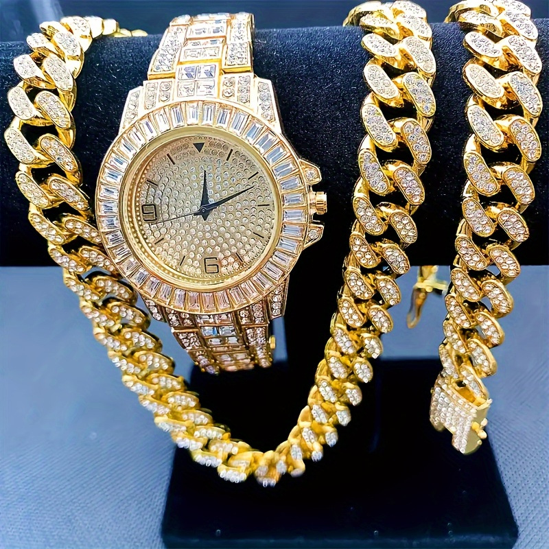 Jewelry Watch Making - ชุดเครื่องประดับผู้ชายสุดหรู: นาฬิกาชุบทองประดับเพชร + สร้อยคิวบาลิงค์ + กำไลข้อมือ
