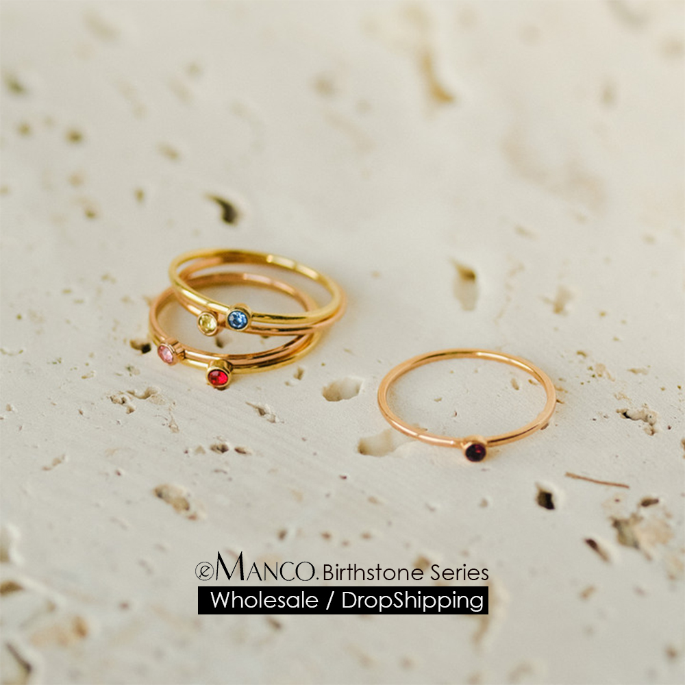Birthstone Ring Set - EMANCO แหวนประดับพลอยประจำเดือนเกิด 12 สี สแตนเลสชุบทอง สไตล์เรียบง่ายทันสมัย