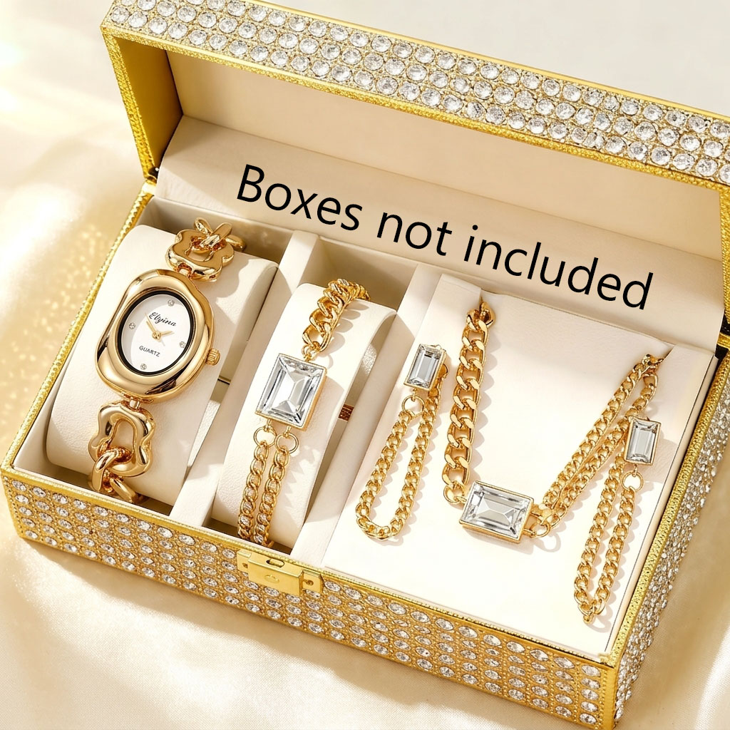 Jewelry Watch Making - ชุดนาฬิกาควอตซ์แฟชั่นผู้หญิง 5 ชิ้น พร้อมสร้อยข้อมือโซ่ประดับเพชรเทียม ดีไซน์หรูหรา (ไม่มีกล่อง)