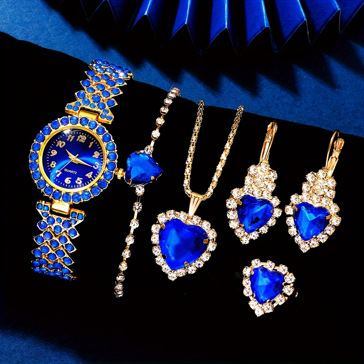 Jewelry Watch Making - 6PCS ผู้หญิงที่สง่างามแฟชั่นเครื่องประดับและนาฬิกาชุดสุภาพสตรีหน้าปัดไรน์สโตนสีฟ้านาฬิกาข้อมือควอตซ์,ชุดนาฬิกาเครื่องประดับหญิง