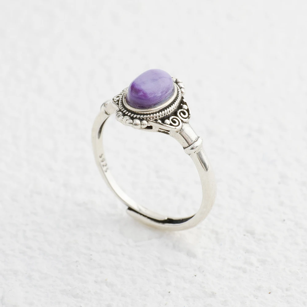 Birthstone Ring Set - แหวนเงินแท้ 925 ปรับขนาดได้ ลายดอกไม้ วงเปิด ประดับพลอยชารอยต์สีม่วงธรรมชาติ