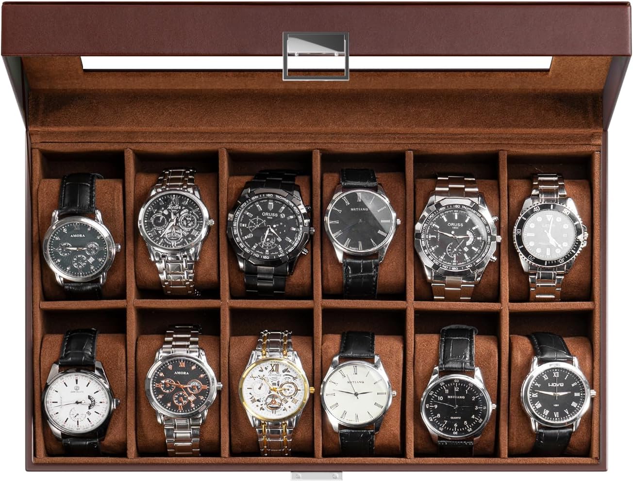 Watch Display Box - กล่องใส่นาฬิกาสำหรับคุณพ่อ, กล่องโชว์ 12 ช่องพร้อมฝาแก้ว, ที่เก็บของสำหรับผู้ชาย, ของขวัญวันเกิดวันครบรอบ